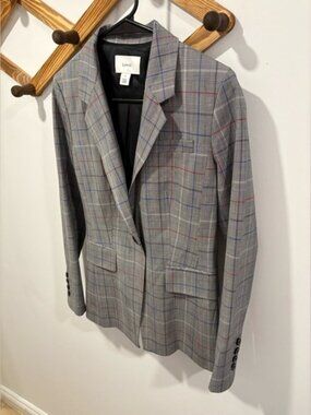Lewit Plaid Wool Blend Blazer Size 6 Grey Blue Red Single Button Jacket